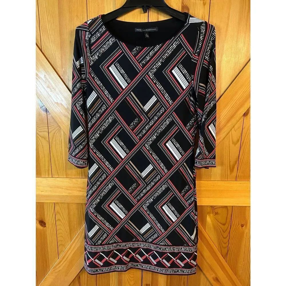 White House Black Market Black Geo Print 3/4 Sleeve Sheath Dress Size Small (899